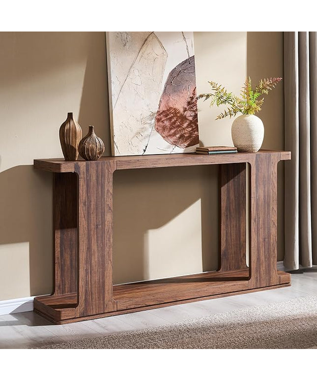 OKD 63 Inch Modern Entryway Console Table, 2-Tier Long Sofa Table Behind Couch with Curved Edge, Wood Farmhouse Narrow Entry Table for Hallway, Living Room, Foyer, Entrance, Rustic Walnut