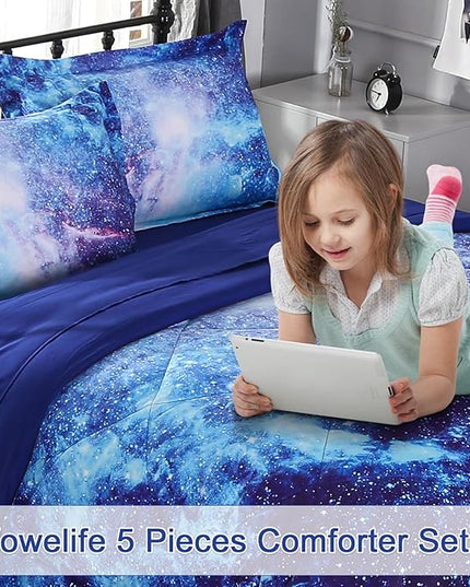 Wowelife Galaxy Bedding Twin Outer Space Comforter Set 5 Pieces Blue Cosmic Galaxy Bed Set Kids Bed in A Bag Twin for Teen Boys and Girls with Comforter, Flat Sheet, Fitted Sheet and 2 Pillowcases