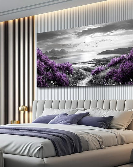 Canvas Wall Decor for Office Large Wall Art for Living Room Modern Bedroom Wall Decoration Purple Flowers Landscape Pictures Black and White Scenery Paintings Artwork Aesthetic Home Decor