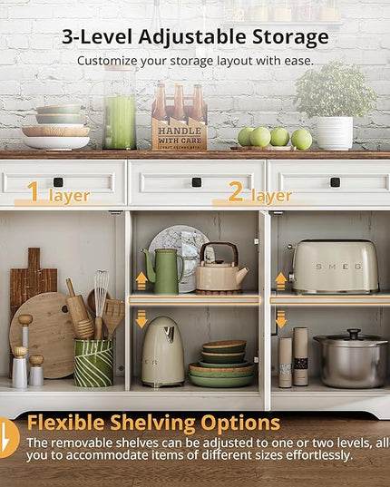IRONCK Fluted Buffet Sideboard Cabinet with 3 Drawers, 52.9" Farmhouse Large Buffet Table with 3 Doors, Coffee Bar with Adjustable Shelf, Modern Storage Cabinet for Kitchen, Living, Dining Room, White