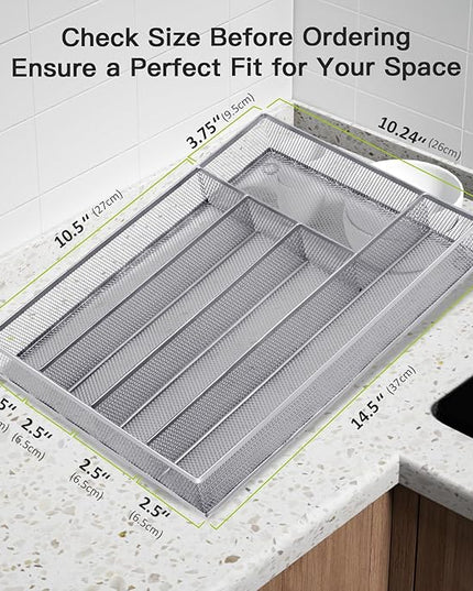 Neudeco Silverware Drawer Organizer Holder, Cutlery Tray Silverware Flatware Storage Divider for Kitchen, Bedroom, Living Room,Mesh Wire with Non-slip foam Feet, 5 Compoment（ Silver）