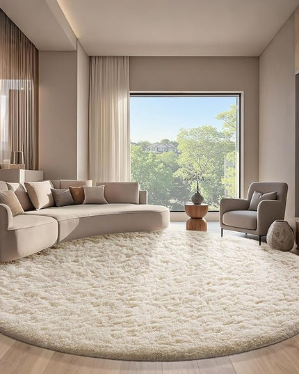 Ophanie Round Rugs 8Ft Ivory Circle Area Rug, Aesthetic Room Decor, Fluffy Fuzzy Bedroom Carpet, Plush Soft Shaggy Cream Living Room Rugs for Kids Home Decor, Nursery