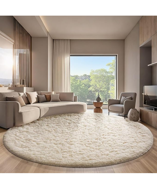 Ophanie Round Rugs 8Ft Ivory Circle Area Rug, Aesthetic Room Decor, Fluffy Fuzzy Bedroom Carpet, Plush Soft Shaggy Cream Living Room Rugs for Kids Home Decor, Nursery