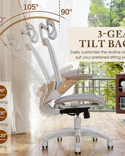 GABRYLLY Ergonomic Office Chair, High Back Home Desk Chair with Flip-Up Arms, Headrest, 90-120° Tilt and Wide Cushion, 400LBS White Mesh Chair for Work Gaming Study (GY01-NT, Woodgrain Pattern)