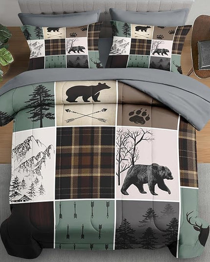 7 Pcs Comforter Set Full Size, Wildlife Hunting Deer Bedding Set for Kids and Adults, Vintage Winter Animal Bear Plaid Bed Sheet Sets with Fitted Sheet 2 Pillowcases & 2 Shams