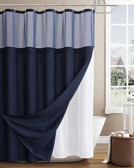Naturoom Navy Blue Linen Shower Curtain with Fabric Liner Set Rustic Style Modern Farmhouse Shower Curtains for Bathroom 200GSM Burlap Cloth Double Bath Curtains with See Through Top Window 72x72