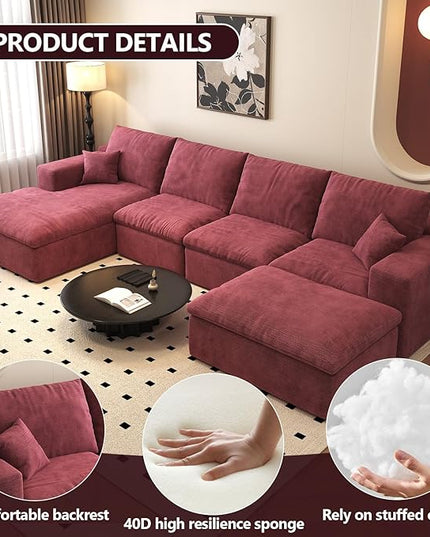136.6'' U-Shaped Modern Modular Sectional Cloud Couch Whit Ottoman, 4-Seat Chenille Deep-Seat Sofa with Pillow for Living Room, Bedroom, Apartment, Wine Red