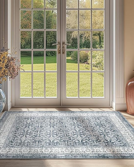 jinchan Floral 3x5 Area Rugs for Entryway - Taupe Vintage Distressed Design Doormat Non-Slip Ultra-Thin Low Pile Boho Rug for Kitchen Living Room Bedroom Farmhouse (3‘x5', Grey)