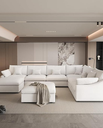 Cloud Couch Modular Sectional Sofa,156" Oversized U Shaped Couch with Ottoman,Down Filled 8 Seater Convertible Sofa Bed Living Room Set,Covers Washable&Replaceable (White)