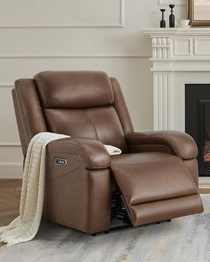 Watson & Whitely Genuine Leather Power Recliner Chairs for Adults, Wall Hugger RV Recliner with Power Headrest & Charging Ports, Electric Recliner Sofa Chair for Living Room, Cafe
