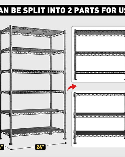 REIBII 6-Tier Storage Shelves Metal Shelving for Storage Load 1000 LBS,Wire Shelves Heavy Duty Shelving Unit Adjustable Pantry Shelf Bathroom Kitchen Garage 24" W x 14" D x 71" H, Black