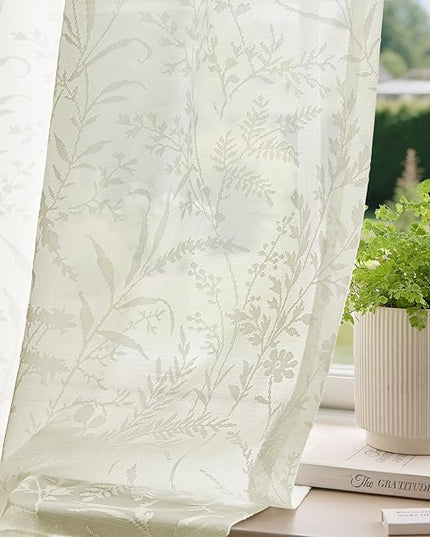 Anmao Cream Semi Sheer Light Filtering Extra Long Curtains 2 Panels, Leaf Pattern Drapes for Living Room Bedroom, Rod Pocket Sheer Window Treatments with Floral Design, 52x108 Inch, Ivory