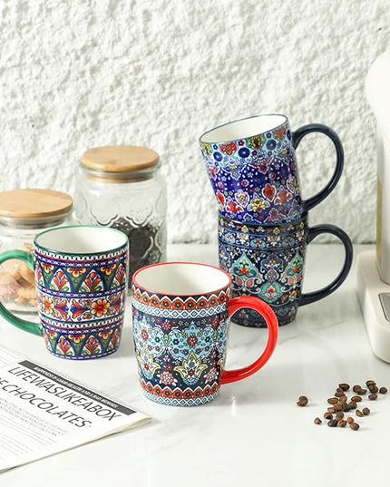 HASENSE Coffee Mugs, 15 OZ Coffee Cups Ceramic Set of 4 with Handle and Bohemian Style for Man Woman, Vintage Stoneware Porcelain Coffee Cups Set for Tea, Cocoa, Milk, Latte and Cappuccino - Multi