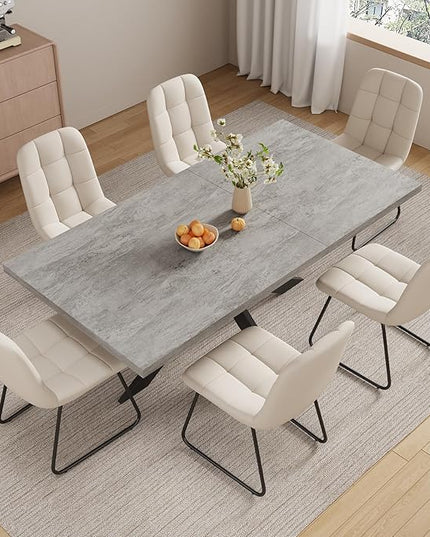 ZckyCine 6-8 Person Modern Rectangular Dining Table Set with 6 Chairs, Expandable Kitchen Table (51 to 63 Inches), Space-Saving Design, Metal Frame, Gray Tabletop & White PU Leather Chairs