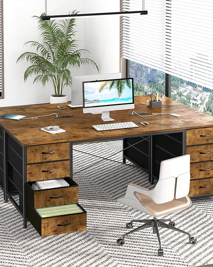 60 Inch Computer Desk with 8 Drawers, Home Office Desk with Power Outlets, Work Study Gaming Desk with 8 Fabric Drawers, Rustic Brown