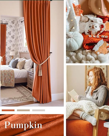 Lazzzy Halloween Blackout Velvet Curtains Orange Fall Decor Thermal Insulated Curtains Living Room Curtains 2 Panel Sets 96 Inch Long Room Darkening Window Treatments Drapes Burnt Pumpkin