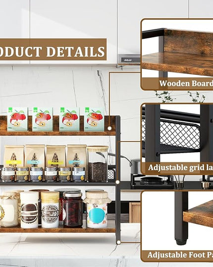 IBUYKE 3-Tier Spice Rack Industrial Counter Shelf Desktop Storage Organizer Standing Seasoning Rack for Countertop Kitchen Office Living Room Desktop Rustic Brown UTLJ021H