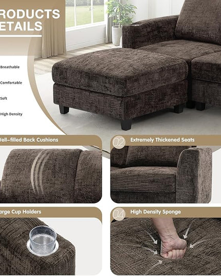 110" Convertible U-Shape Couch with 2 Flexible Ottomans, Soft Sectional Sofa with 2 Built-in Cup Holders, Chenille 4 Seats Sofa with Well-Filled Back Cushions for Living Room, House, Brown