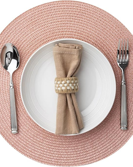 Round Placemats Set of 4 Plastic Woven Placemats Washable Wipeable Table Mats for Dining Table Heat Resistant Non-Slip Circle Place Mats (Sandstone Pink)