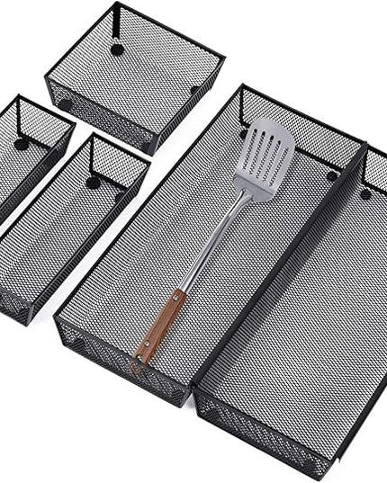 Neudeco Silverware Drawer Organizer,Utensil Organizer for Kitchen Drawer Organizer for Large Utensils with Interlocking Arm, Silverware Storage Cutlery Tray for Knives Fork Spoon (Pack 5, Black)