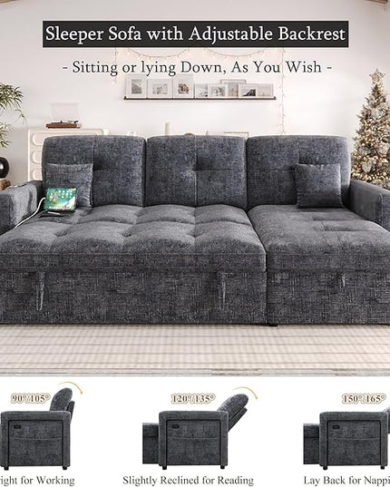 HIFIT LED Sectional Sleeper Sofa with Pull Out Couch Bed, Convertible L Shaped Sofa w/Storage Chaise, Adjustable Backrest & USB, 80'' Comfy Chenille Sectional Couch for Living Room Apartment, Grey