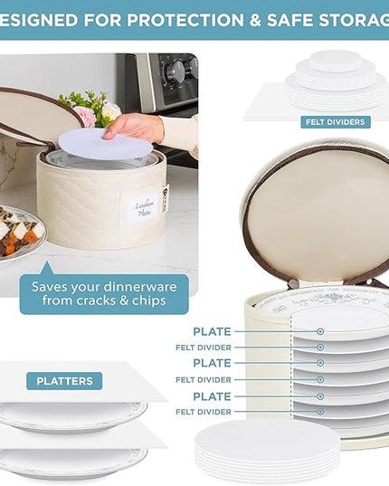 Hard Shell China Storage Containers 8-Piece Set Moving Boxes for Dinnerware, Glasses, Plates, Mugs and Saucers Sturdy Dish Organizer with Dividers for Seasonal Storage - Service for 12 - Beige Quilted