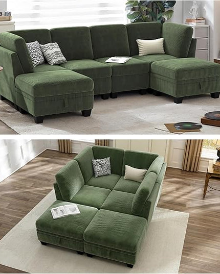CHIC HOUSE Corduroy Modular Sectional Couch with Ottoman Chaise, L/U Shaped Sleeper Sofa for Living Room, Apartment, Lounge, Modern Armrest Neck Support Furniture (6 Seater Compact Sleeper, Green)