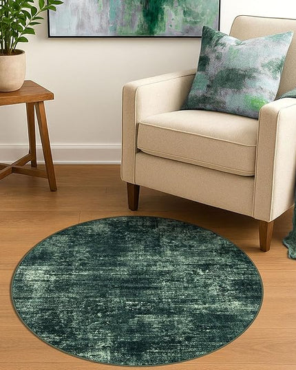 IOHOUZE Round Area Rug 3 Ft Circle Entryway Rugs Round Washable Door Mat Indoor Entrance, Non Slip Circle Front Door Rug, Printed Abstract Faux Wool Floor Carpet for Foyer Porch Sink, Dark Green