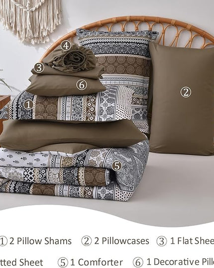 Cottolester Brown Comforter Set King Size,Boho Fall Bed in a Bag 8 Pieces,Paisley Soft Microfiber Bedding Comforter Set