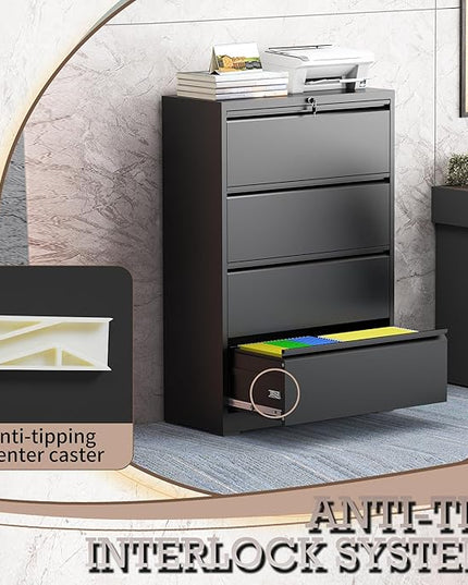 4 Drawer Lateral File Cabinet with Lock, Metal File Cabinet, Lateral File Cabinets for Home Office, Heavy Duty File Storage Cabinet for Legal/Letter/A4 Document, Assembly Required, Black