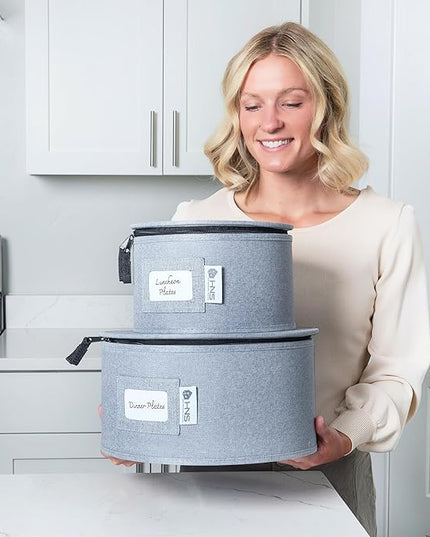 Hard Shell China Storage Containers 12-Piece Set Moving Boxes for Dinnerware, Glasses, Plates, Mugs and Saucers Sturdy Dish Organizer with Dividers for Seasonal Storage - Service for 12 - Grey