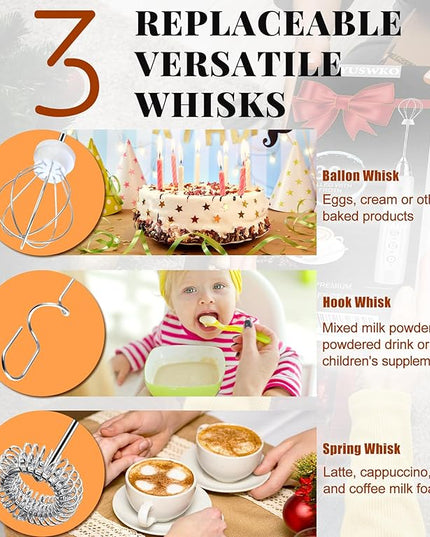 YUSWKO Milk Frother Handheld for Coffee, Rechargeable Drink Mixer with 3 Heads 3 Speeds Electric Coffee Frother Whisk, Gift for Many Occasions and Festival
