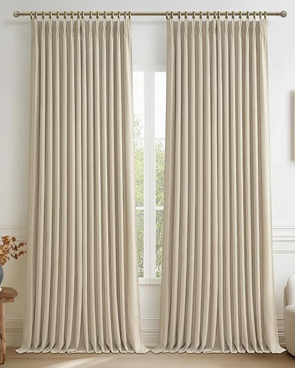 Beige Pinch Pleated Blackout Linen Double Layer Bedroom Curtains 92 Inches Long 2 Panels Set, Memory Trained Soundproof Room Darkening Thermal Neutral Nursery Window Curtain with Hook 40W x 92L