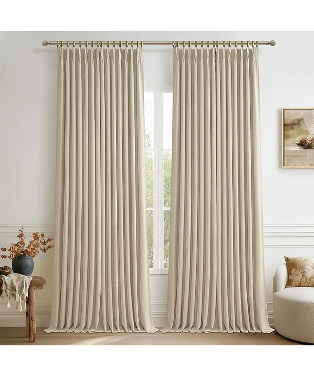Pleat Natural Beige Black Out 102 Inch Long Privacy Curtains for Room Divider 2 Panels Set, Elegant Memory Trained Pinch Pleated Linen Energy Efficient Drapes for Dorm Room Window 40"W x 102"L Length