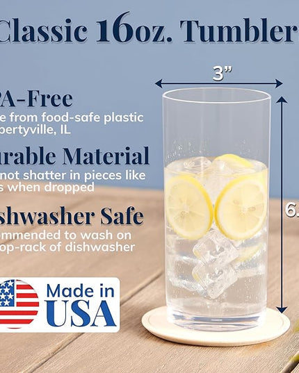 US Acrylic Classic Clear Plastic Reusable Drinking Glasses (Set of 6) 16oz Water Cups | BPA-Free Tumblers, Made in USA | Top-Rack Dishwasher Safe