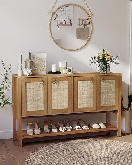 Rattan Entryway Cabinet with Storage,55“ Boho Credenza Storage Cabinet with 4 Doors and Adjustable Shelf, Wood Coffee Bar Console Cabinet Buffet Table for Kitchen, Dinning Room, Sideboard Buffet