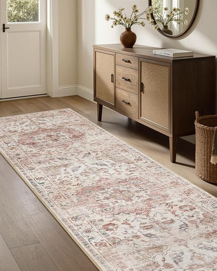 PADOOR-Vintage Runner Rug 2X10 Runners for Hallways-Soft Pink Washable Bedside Rugs for Bedroom-Non Slip Long Rug for Hallways Entryway Laundry Room Stair Kitchen Bathroom