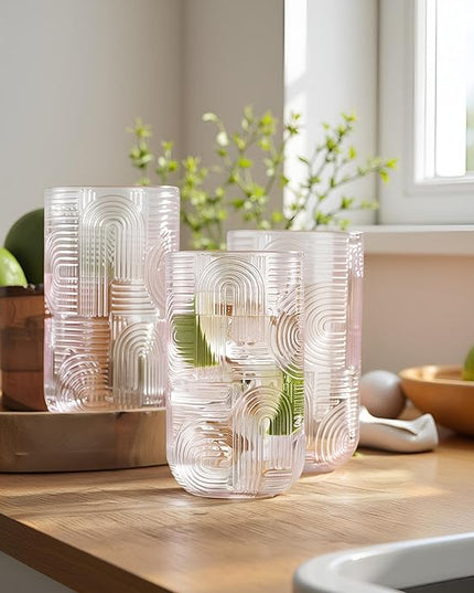 Glaver's Drinking Glasses, Set of 4 Pink Highball 17 Ounce Modern Embossed New Designed Kitchen Glasses Elegant Modern Glassware for Everyday Home or Bar Water Juice Cocktails. Urban Pattern