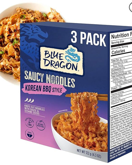 Blue Dragon Korean BBQ Saucy Noodles 4.2 oz (Pack of 3) – Knife-Cut Noodles with Korean-Style BBQ Sauce – Air-Dried, Never Fried – Vegetarian Friendly