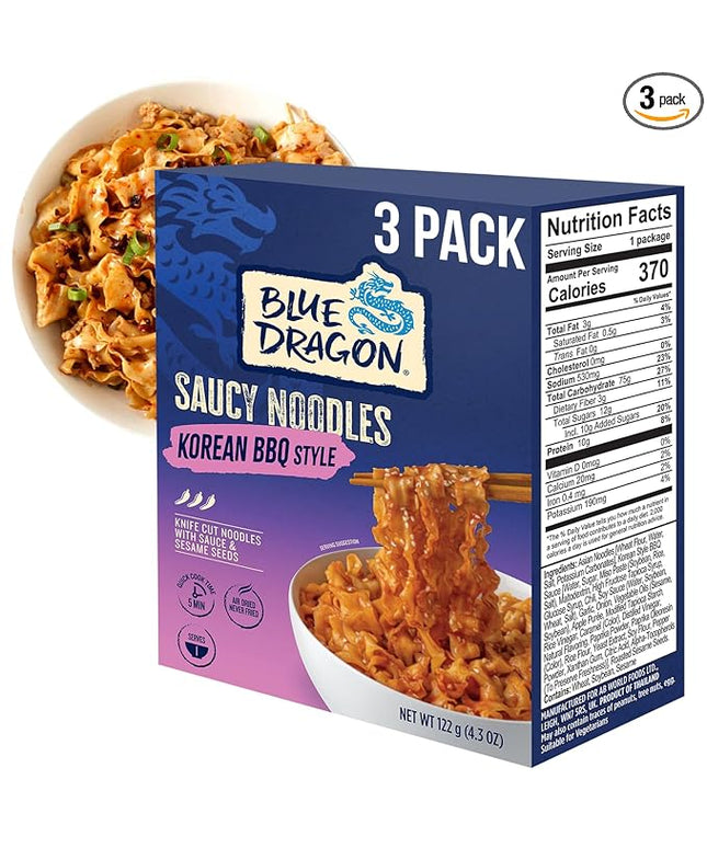Blue Dragon Korean BBQ Saucy Noodles 4.2 oz (Pack of 3) – Knife-Cut Noodles with Korean-Style BBQ Sauce – Air-Dried, Never Fried – Vegetarian Friendly