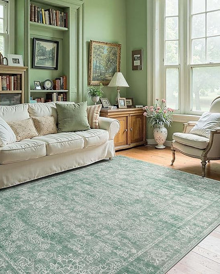 jinchan 4x6 Green Area Rugs for Living Room – Machine Washable Vintage Floral Soft Stain Resistant Low Pile Rug, Non Slip Ultra-Thin Carpet for Bedroom Dining Room Home Office Nursery (4'x6', Lvory)