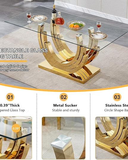 7 Piece Dining Table Set with 6 Beige Dining Chairs, Modern Glass Kitchen Table and Chairs Set for 6, 70" Rectangle Gold Glass Pedestal Dining Room Tables with Ring-Shape Stainless Steel Base