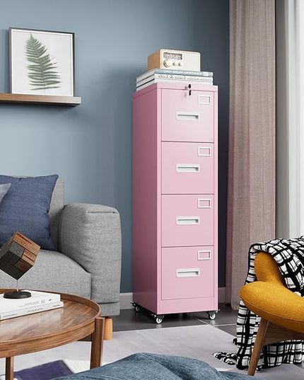 METAN 4 Drawer File Cabinet on Wheels, Lockable Metal Filing Cabinet with Handle and Name Card for Office Home,Assembly Required,Pink