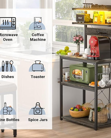 Aheaplus Bakers Rack with Power Outlet, Microwave Stand, 5 Tiers Coffee Bar Station with Led Lights, Kitchen Storage Shelf with 6 S-Shaped Hooks, Kitchen Rack for Spices, Pots and Pans, Black Oak