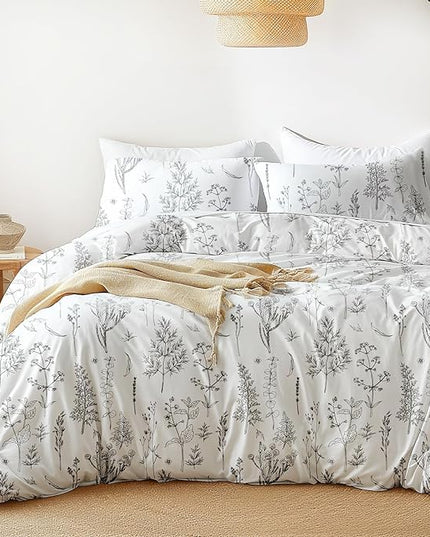 Love's cabin White Full Size Comforter Set - Comforter Set Full, 3 Pieces Cute Floral Bedding Sets for All Seasons,1 Soft Reversible Botanical Flowers Comforter and 2 Pillow Shams
