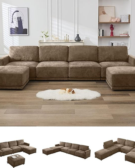 143.8" Modular Sectional Sofa Modern Chenille U Shaped Couch with Thickened Seat Cushions, Easy Assembly, Upholstered 6 Seater Couch with 2 Movable Ottomans for Living Room, Brown