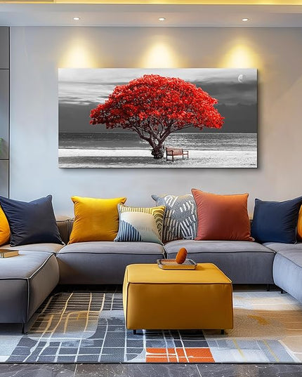 wall art for living room Decorations Photo Prints - panoramic black and white with red trees The moon Landscape - Modern Home Decor The room Stretched and Framed Ready to Hang artwork 20x40inches