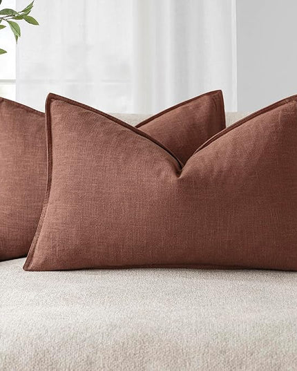 Foindtower Pack of 2, Decorative Linen Soild Throw Pillow Covers Soft Accent Lumbar Cushion Case Boho Farmhouse Pillowcase for Chair Couch Sofa Bedroom Living Room Home Decor 12 x 20 Inch Rust Red