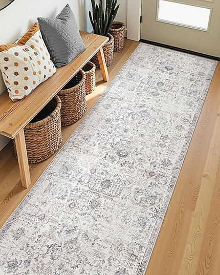 jinchan Kalen Runner Rug 2x8 Washable Hallway Rug Vintage Indoor Thin Retro Floor Cover Distressed Gray Floral Country Lightweight Non Slip Carpet for Entryway Bathroom Bedroom Living Room Grey