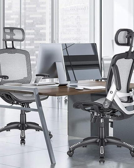 GABRYLLY Ergonomic Office Chair, High Back Home Desk Chair with Headrest, Flip-Up Arms, 90-120° Tilt Lock and Wide Cushion, Big and Tall Mesh Chairs for Man Woman, Grey Task Chair